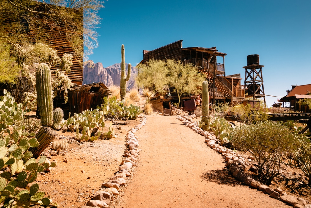 Old,Western,Wooden,Buildings,In,Goldfield,Gold,Mine,Ghost,Town