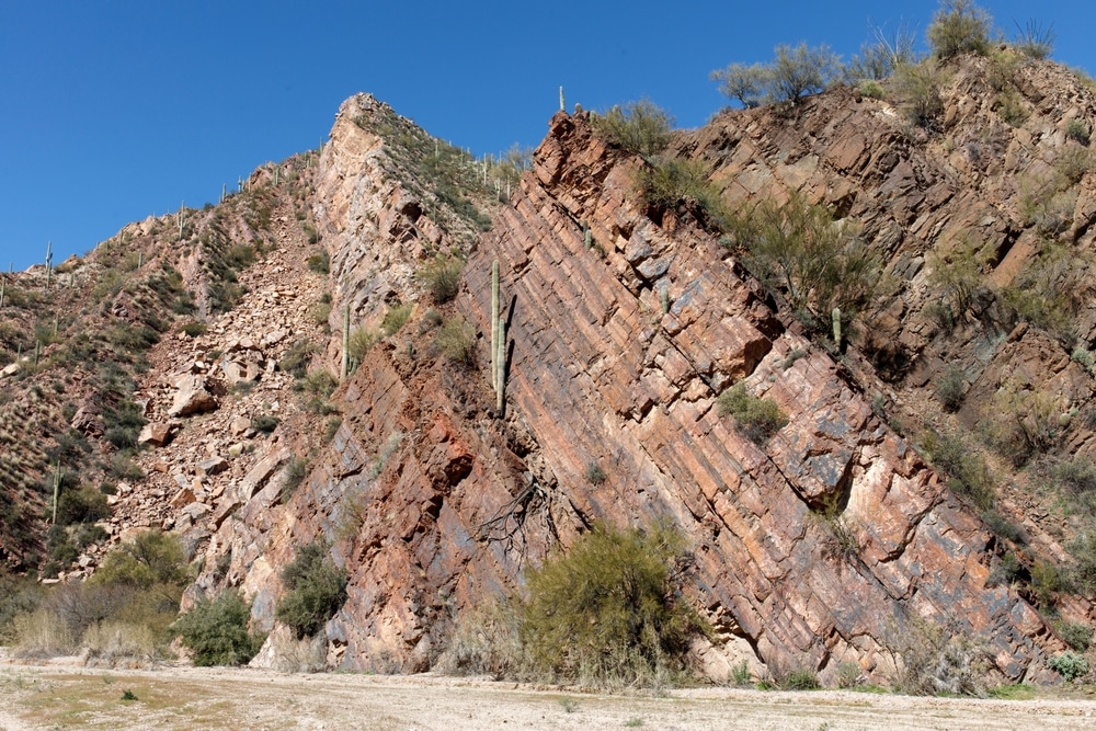 Tilted,Rock,Strata,Near,Mammoth,Arizona.