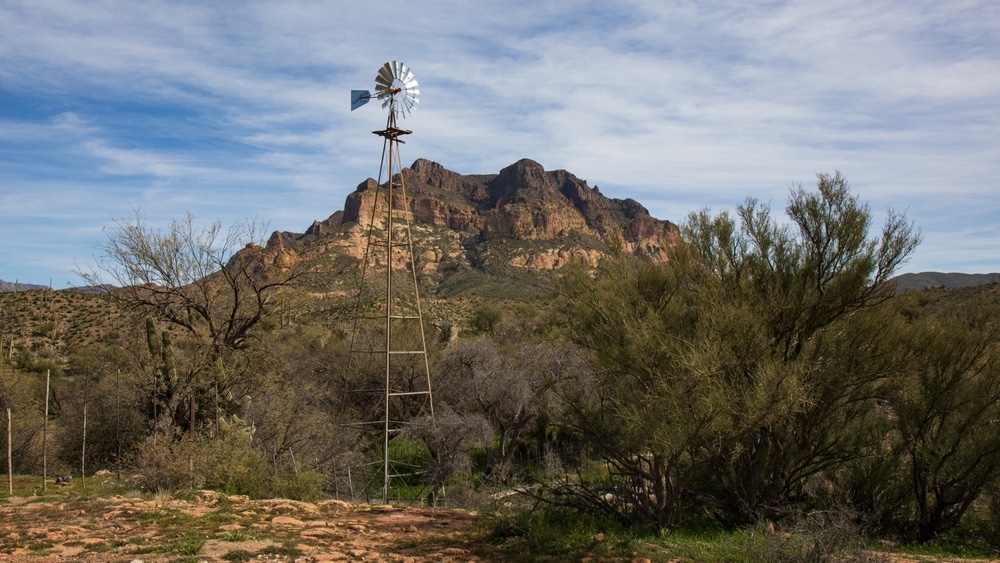 Picket,Post,Mountain,In,Arizona,With,A,Water,Tank's,Windmill