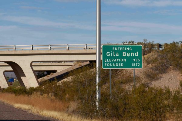road sign Entering Gila Bend in Arizona with Elevation 735 and Founded 1872