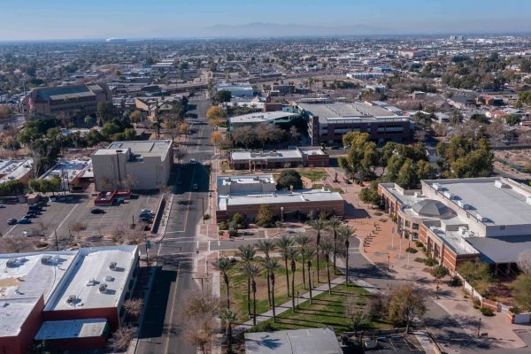 Afternoon aerial view of downtown Glendale, Arizona, USA.