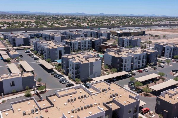Afternoon aerial view of dense housing near downtown Goodyear, Arizona, USA.