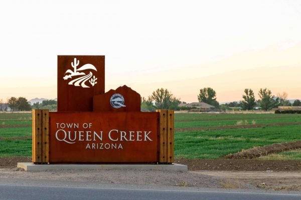 QUEEN CREEK, ARIZONA - April 21, 2019: Town of Queen Creek, Arizona sign located near the intersection of West Combs road and North Gantzel road in Queen Creek, Arizona.