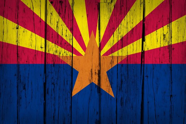 Arizona state grunge wood background with Arizonan flag painted on aged wooden wall.