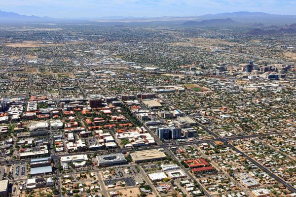 Aerial view of Arizona campus looking to the southwest at downtown Tucson and interstates 10 & 19