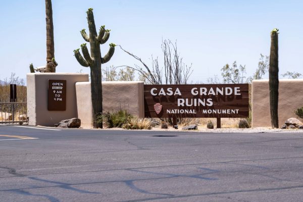 Coolidge, Arizona - May 9, 2021: Sign for Casa Grande Ruins National Monument on a sunny day
