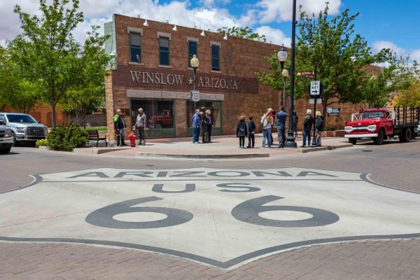 Winslow Arizona, US. May 23, 2019. Standing on the corner statue, historic route 66, road trip