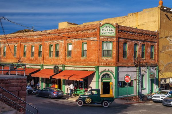 Jerome, Arizona, USA - January 1, 2018 : Historic Connor Hotel on the Main Street of Jerome located in the Black Hills of Yavapai County. It was a mining town and became a National Historic Landmark.