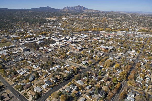 Aerial view of fall colors over downtown Prescott Arizona