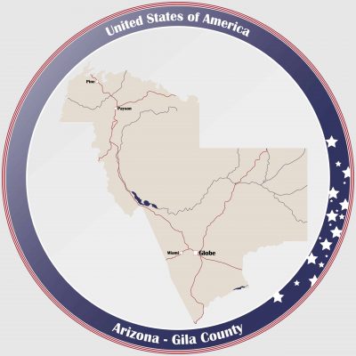 Round button with detailed map of Gila County in Arizona, USA.