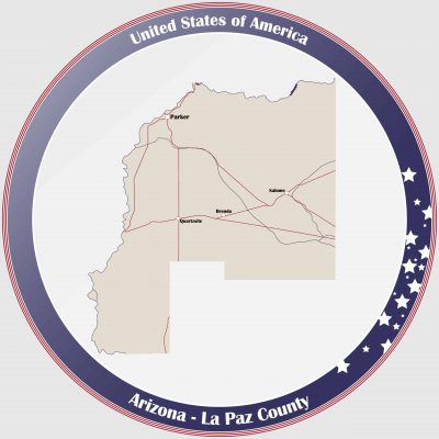 Round button with detailed map of La Paz County in Arizona, USA.