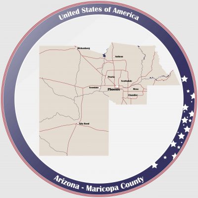 Round button with detailed map of Maricopa County in Arizona, USA.