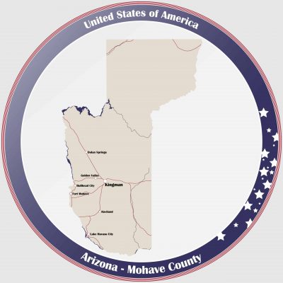 Round button with detailed map of Mohave County in Arizona, USA.
