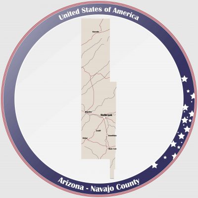 Round button with detailed map of Navajo County in Arizona, USA.