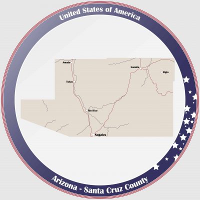 Round button with detailed map of Santa Cruz County in Arizona, USA.