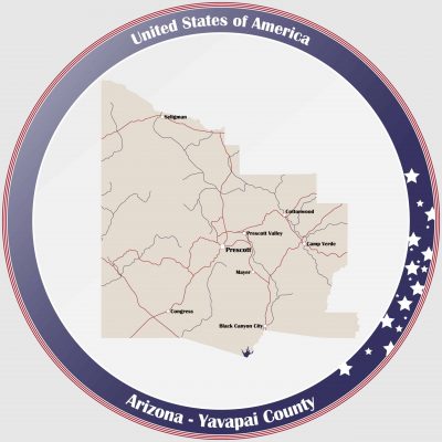 Round button with detailed map of Yavapai County in Arizona, USA.