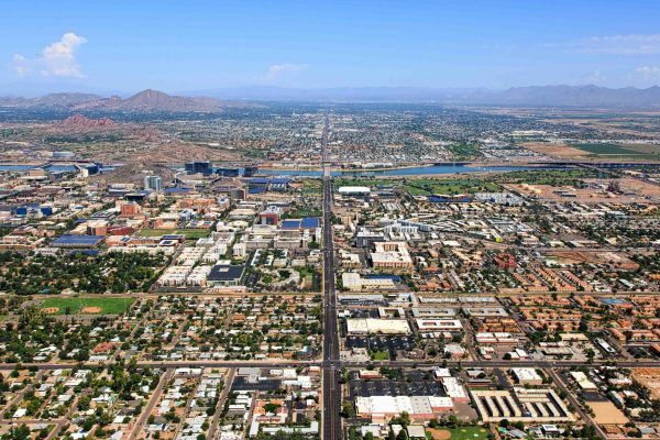 Aerial view of the Tempe Arizona skyline looking north up Rural and Scottsdale Roads